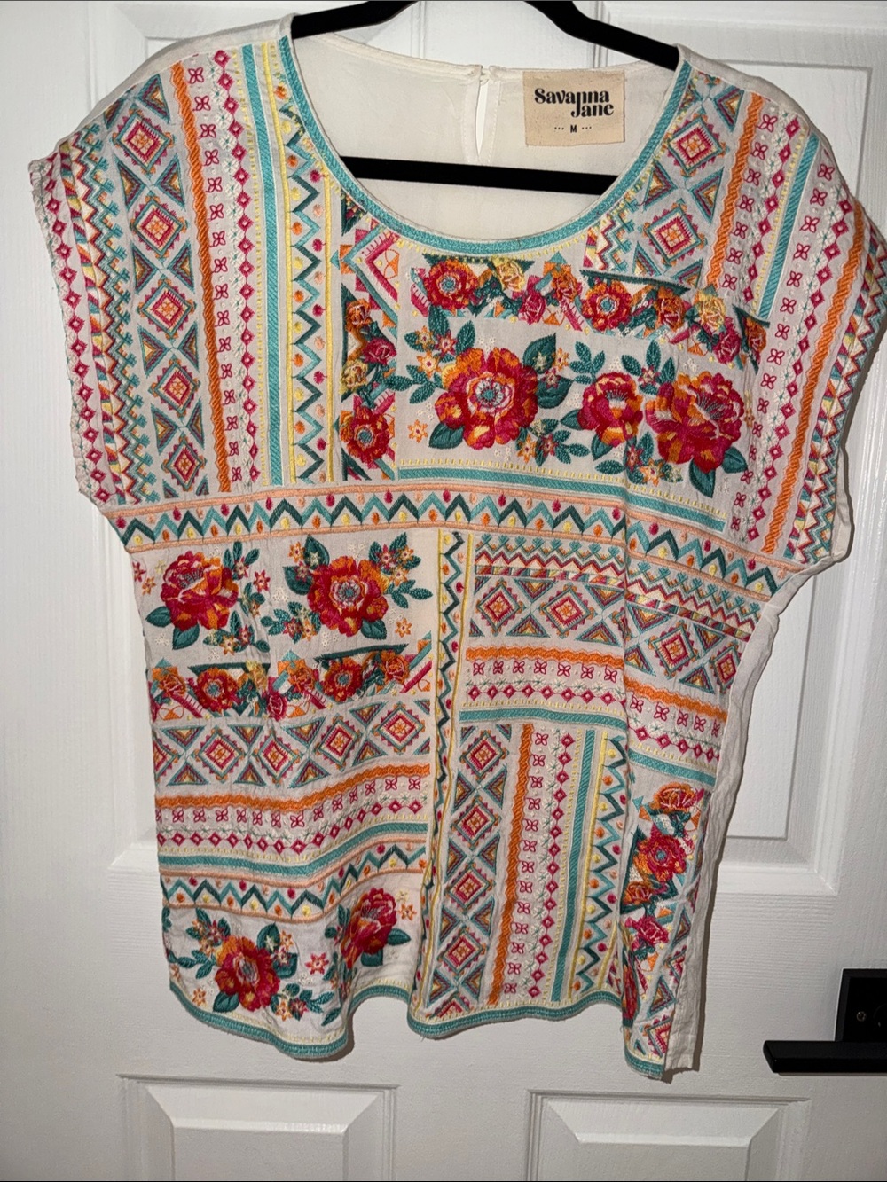 Savanna Jane Ivory Embroidered Tunic Top with Pink Floral & Teal Trim